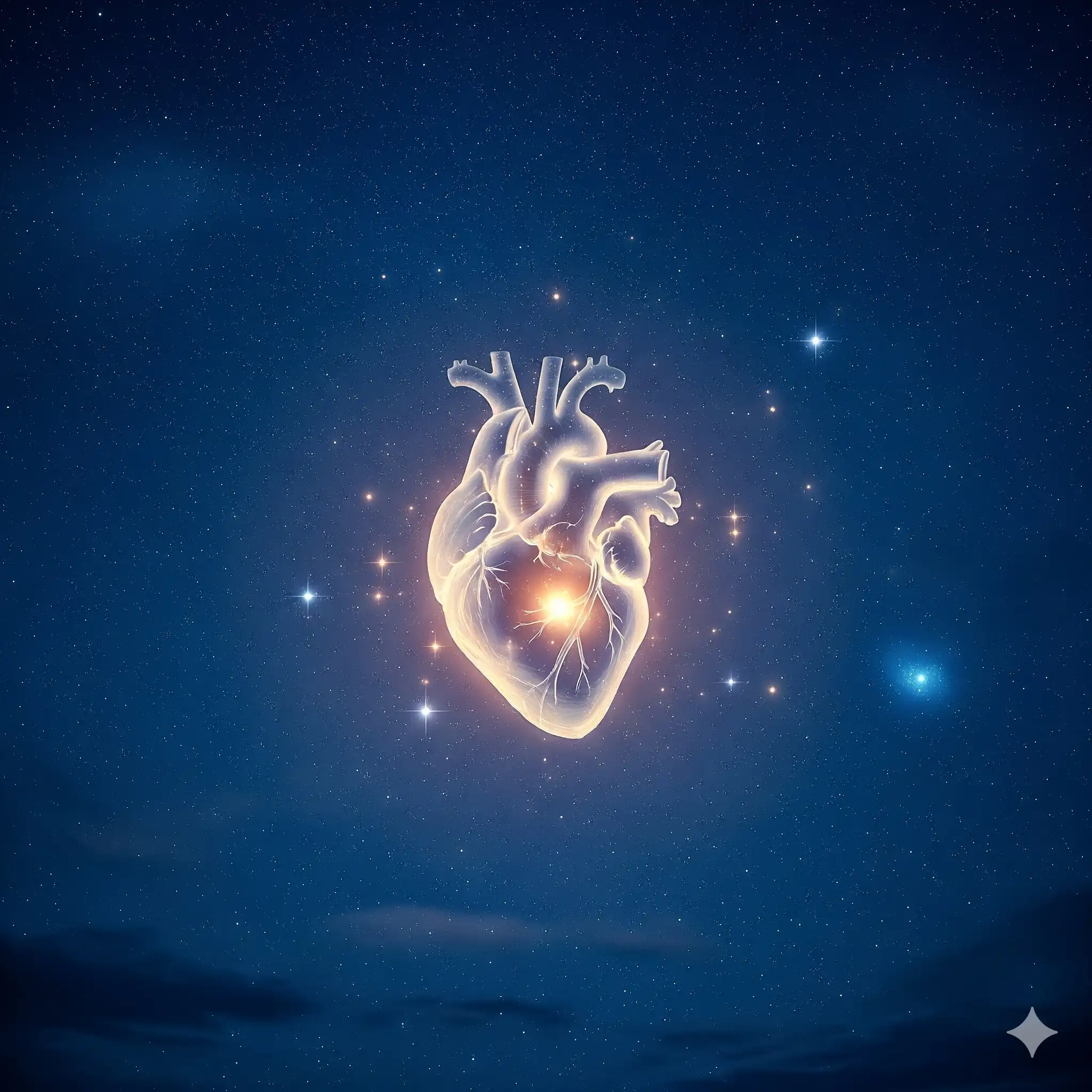 Un cuore luminoso che fluttua in un cielo stellato, simbolo dell'unione tra saggezza e compassione.