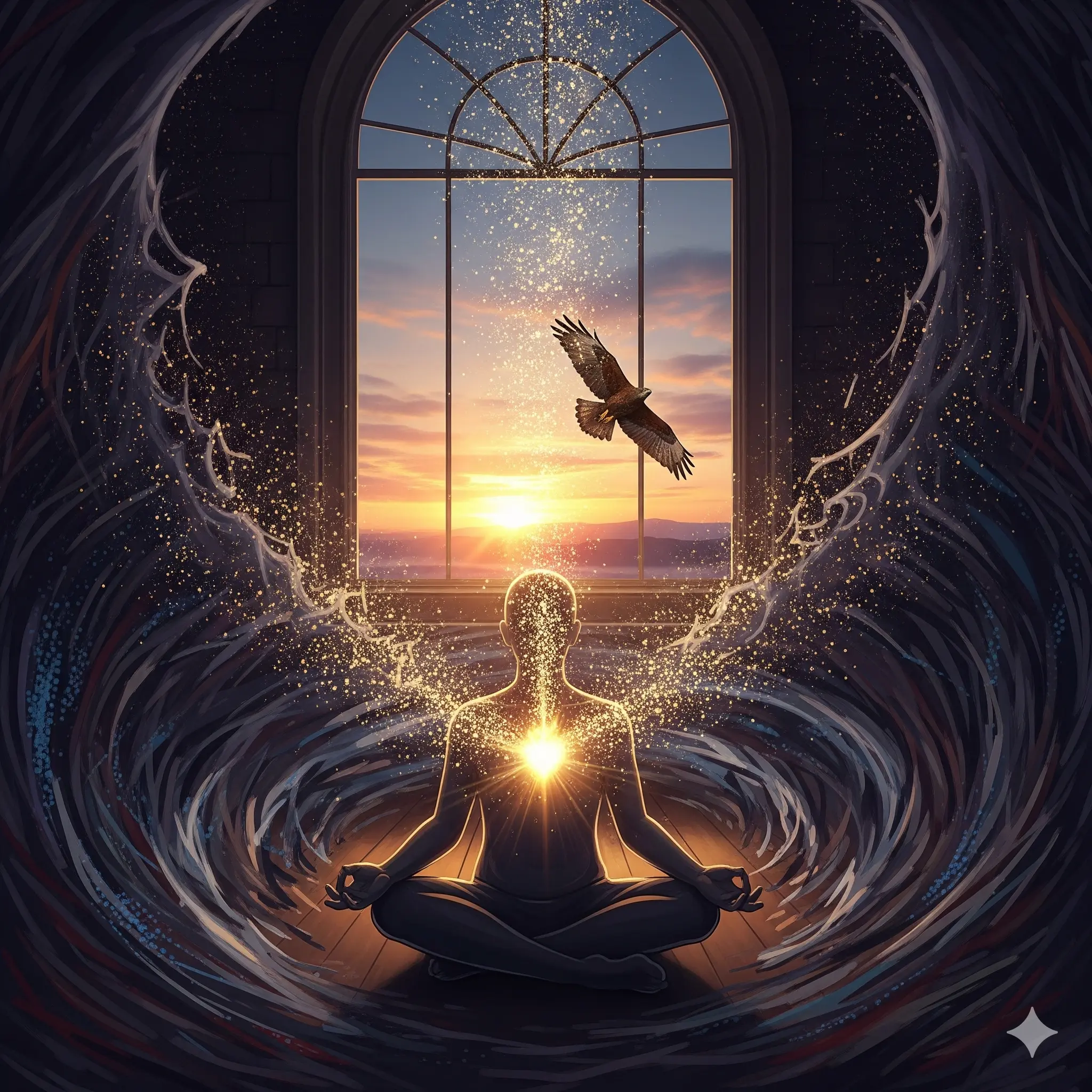 Una figura in meditazione trasforma un'energia oscura in luce dorata.