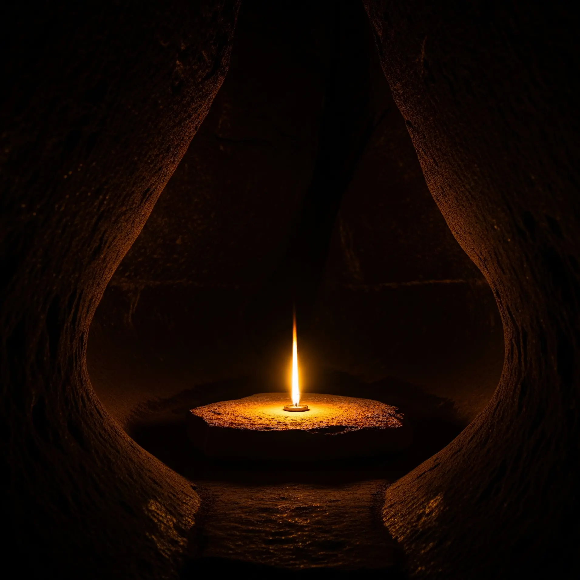 Una fiamma solitaria brilla serena nell'oscurità di una grotta.