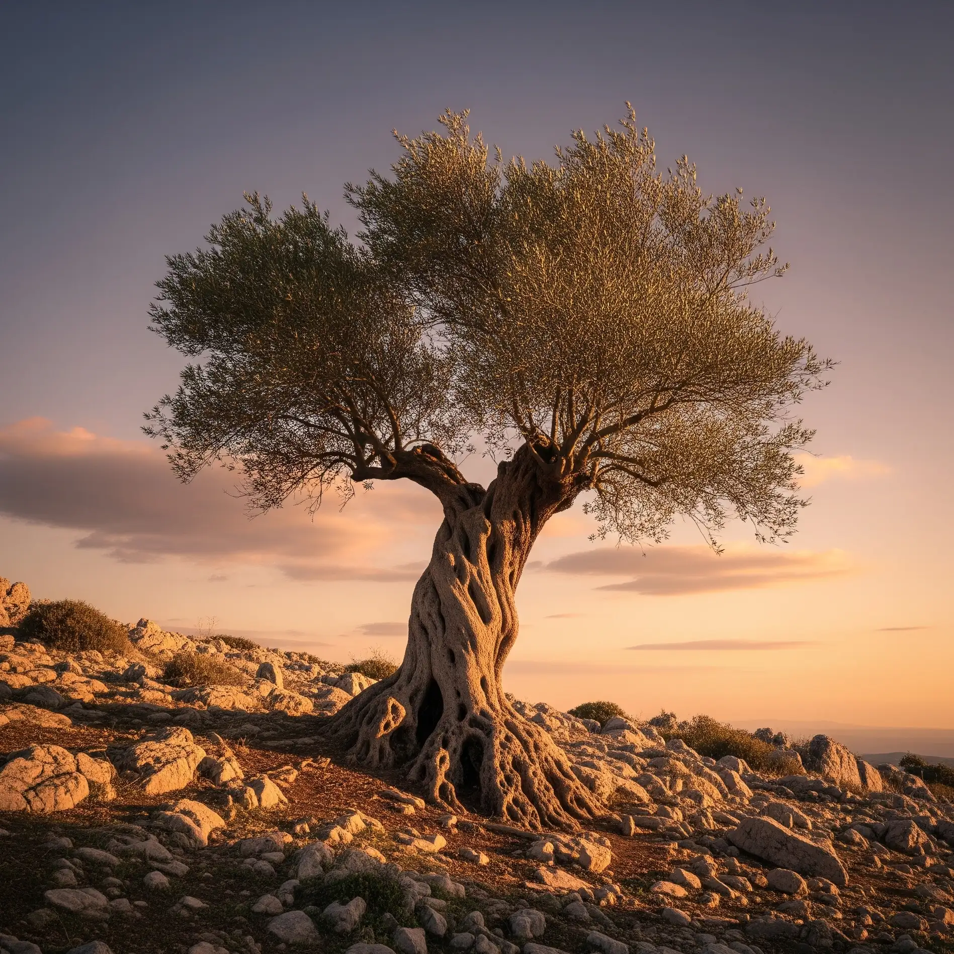 Un antico e saggio albero di ulivo al tramonto