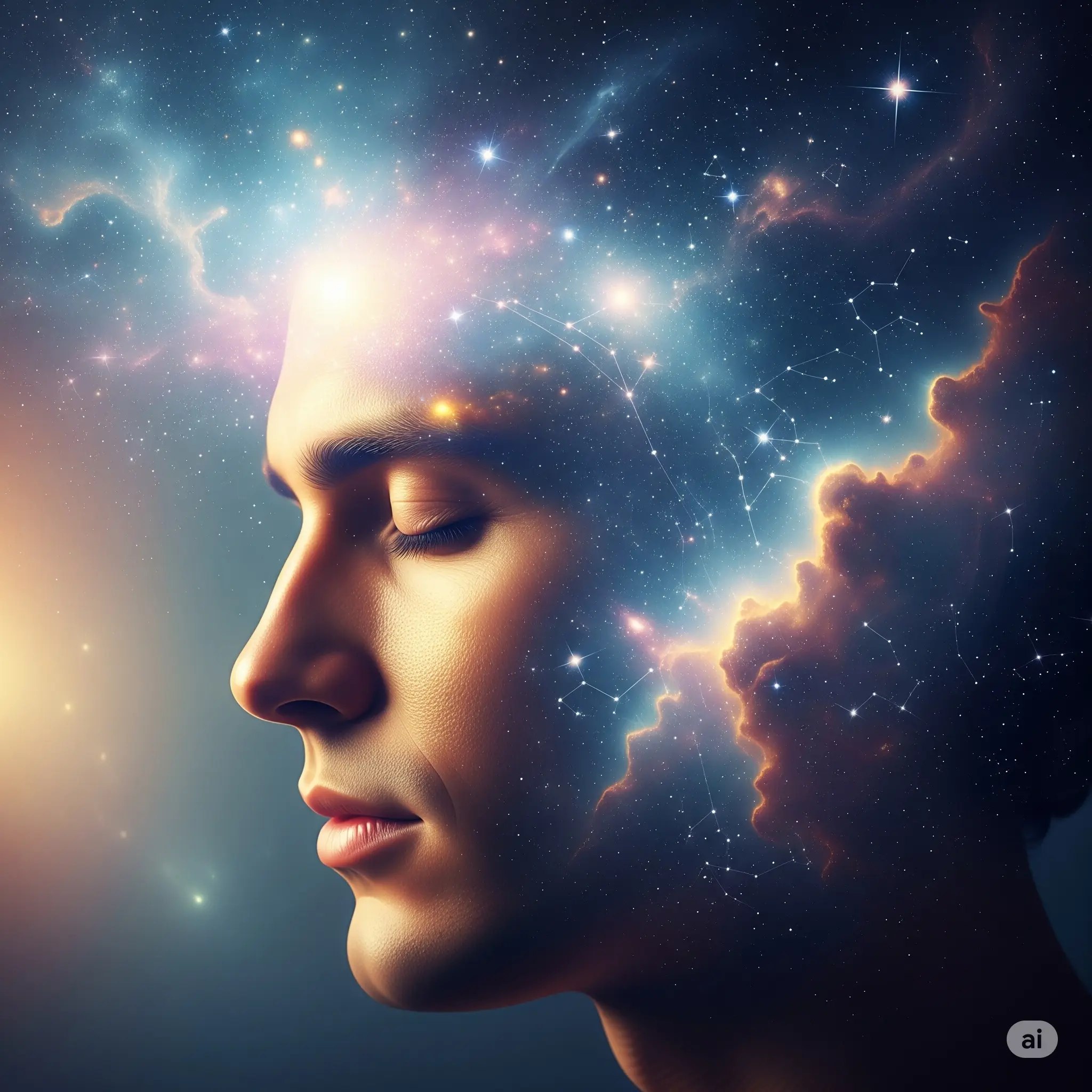 Viso sereno di profilo da cui si emana una nebulosa cosmica e sognante, simbolo del mondo onirico.